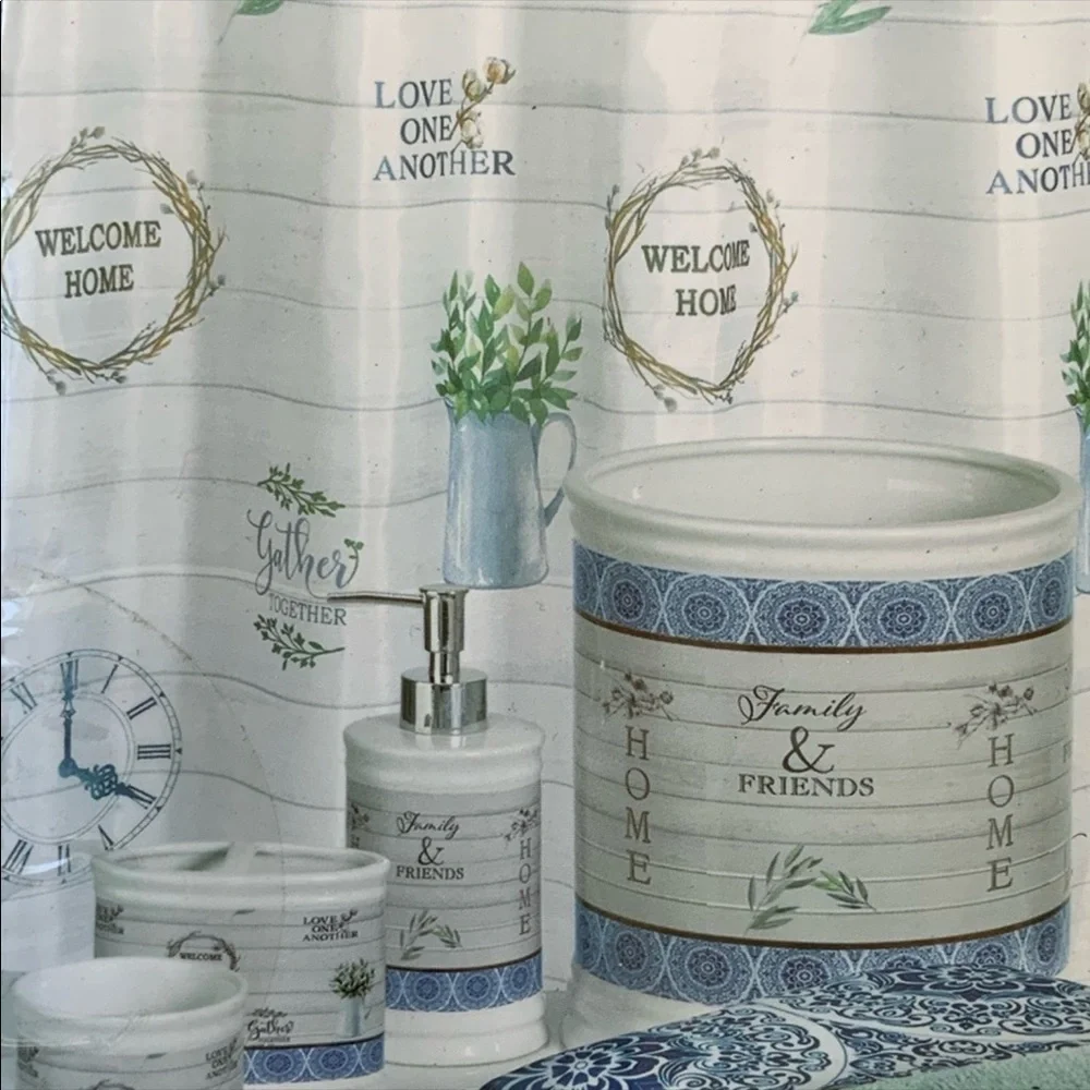 Modern Farmhouse Shower Curtain Hooks Set of 12 Welcome Home White Green Brown